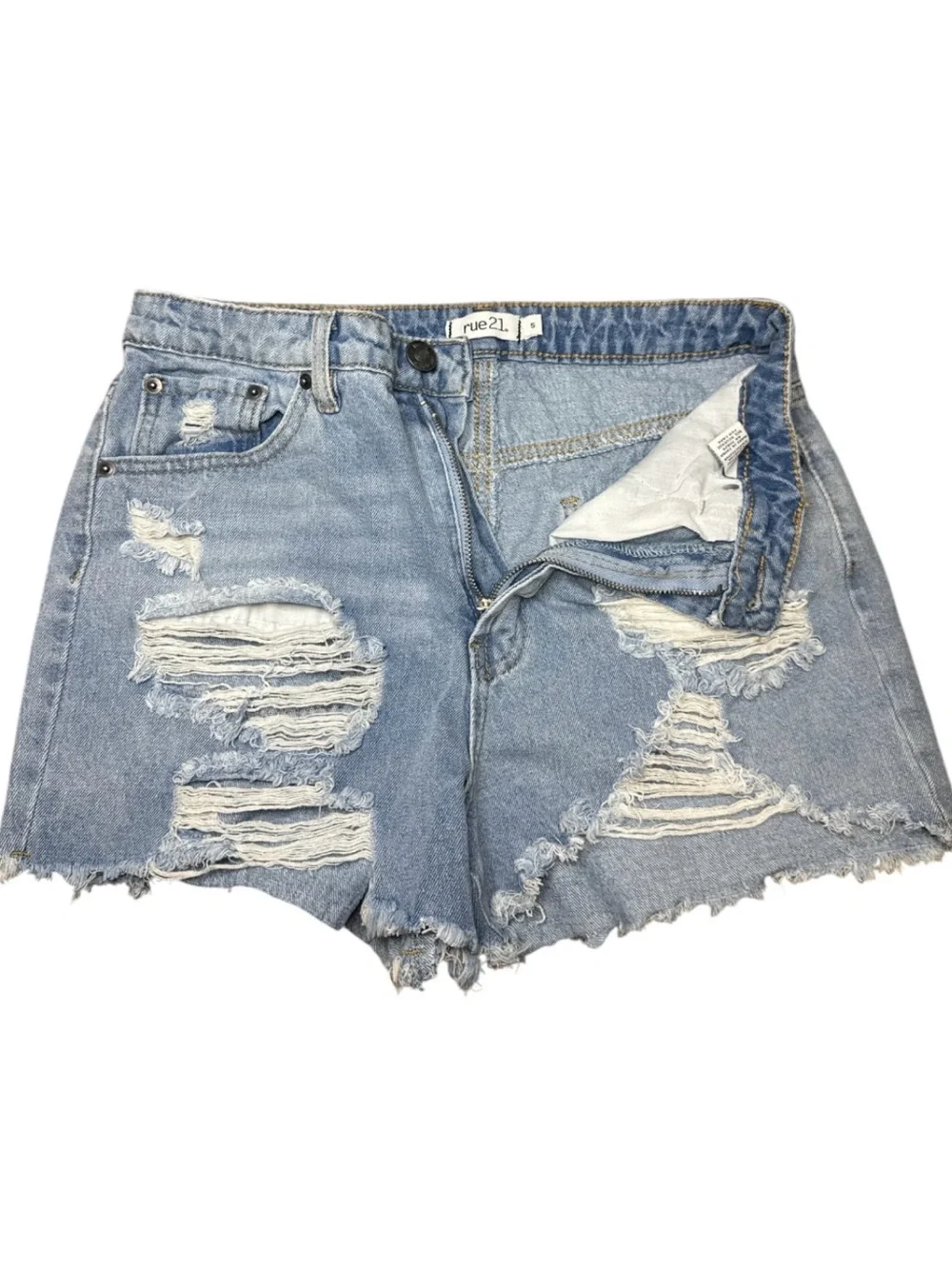Rue21 distressed high rise denim shorts size 5 light wash cutoff frayed hem